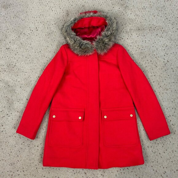 J.Crew Vail Parka Coat Red Hooded Jacket Wool Blend Size 4 Women's - Picture 1 of 7